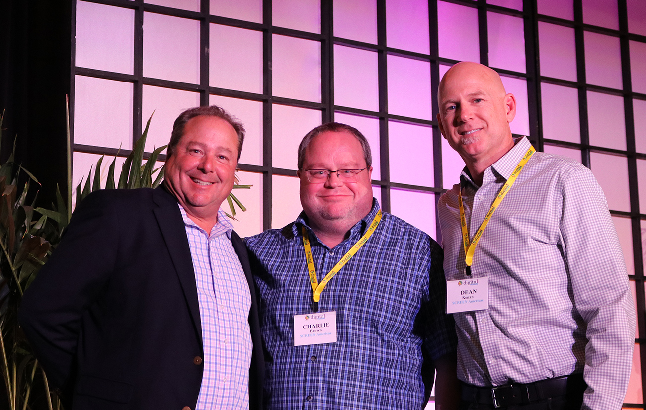 L-R:  Brian Ludwig, VP, Publisher/Brand Director, packagePRINTING, Charlie Brown, Labels and Packaging Solutions Manager, SCREEN Americas, Dean Kenan, Vice President Sales Western Region