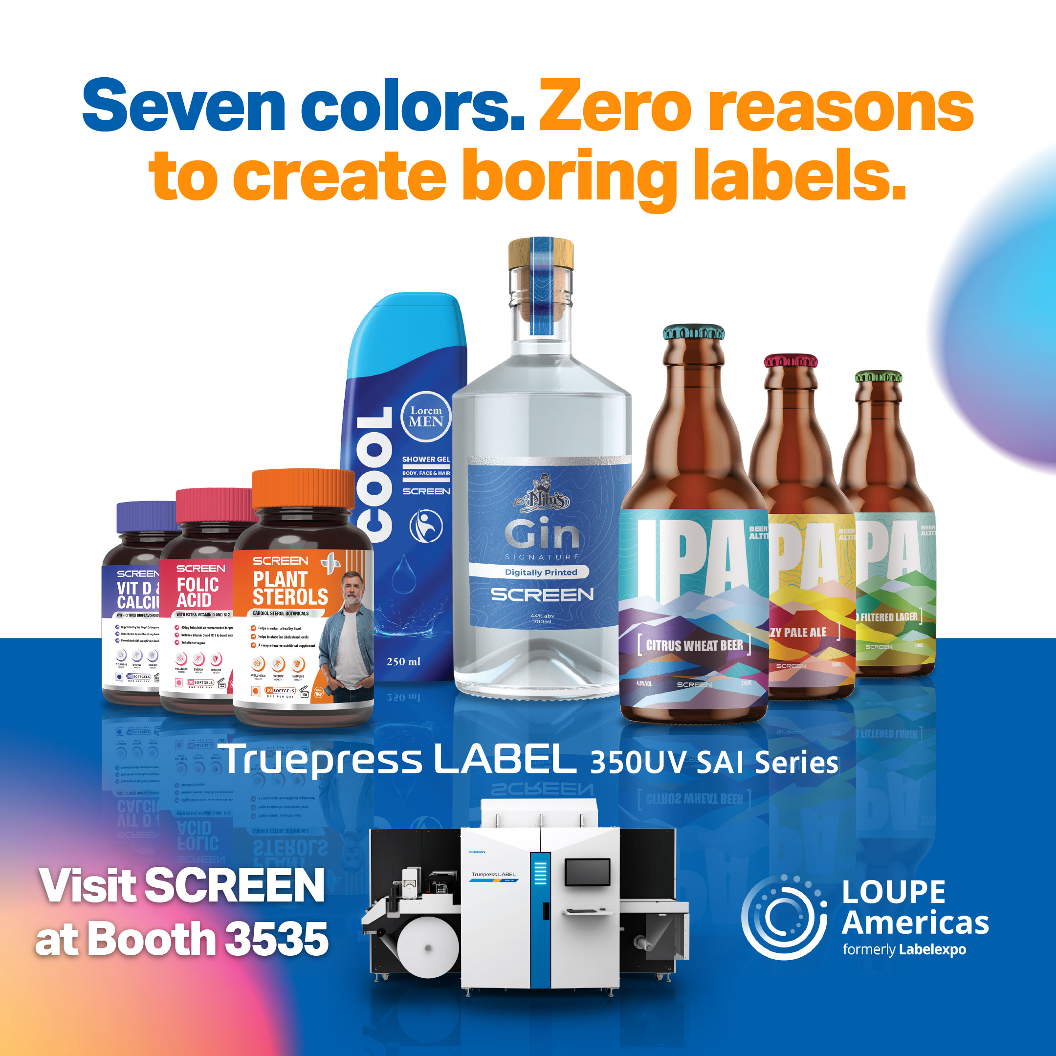 SCREEN Truepress LABEL 350UV SAI S to Print Captivating Labels in Booth 3535 at LOUPE 2026 in Rosemont, Illinois, in September