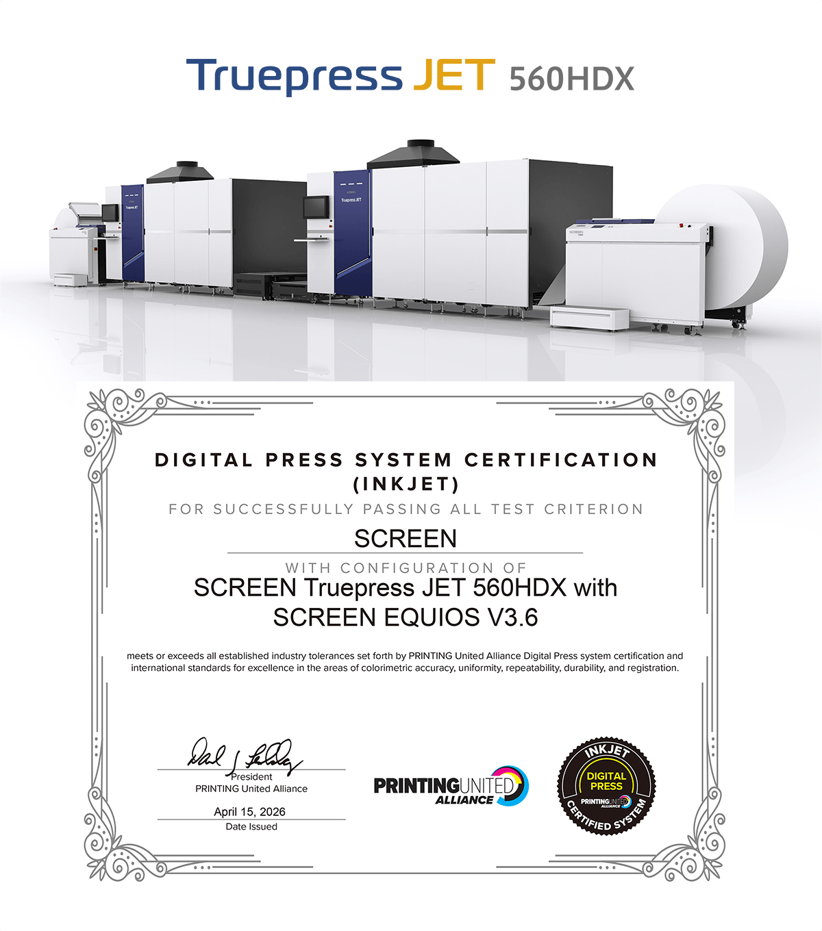 SCREEN Truepress JET 560HDX Formally Recognized for High-Print Quality and Accurate Color Management in Inkjet