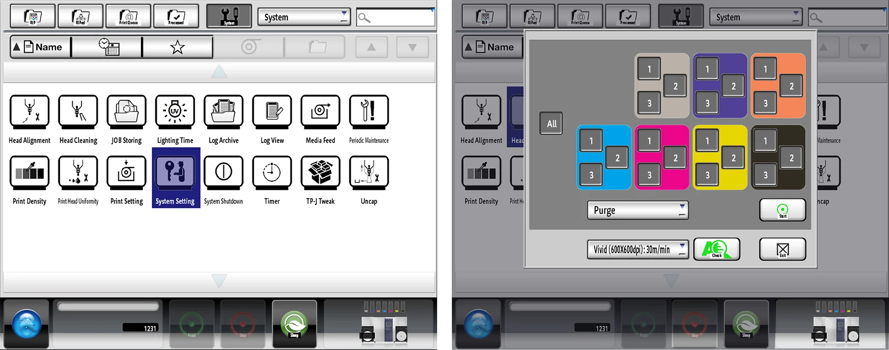 main operation screen (left) and the head cleaning screen for the Truepress LABEL 350UV SAI Series