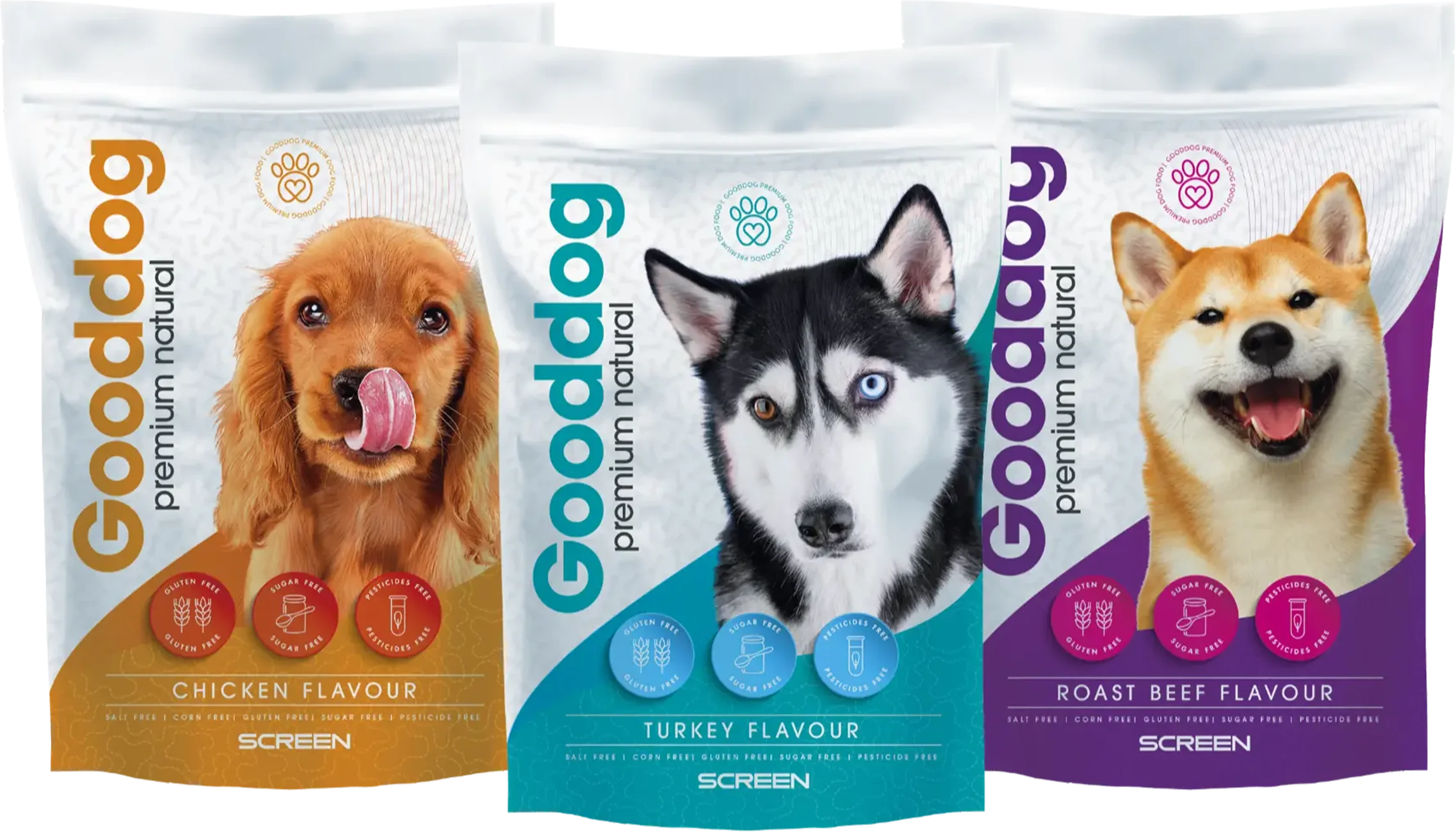 Three "Gooddog" dog food bags demonstrate high-quality printing and color consistency across a product line, while using variable image and color data for different flavors.