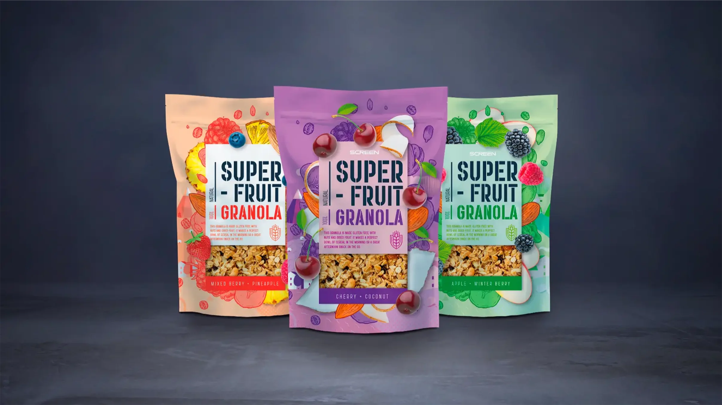 Three vibrantly printed stand-up pouches of 'Super-Fruit Granola' (Mixed Berry, Cherry Coconut, and Apple Winter Berry) showcasing the Truepress PAC 830F's capability for cost-effective, high-quality, short-run printing of diverse produce and food packaging.